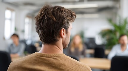 Fototapeta premium Rear view of a man in a brown sweater focusing on a meeting with blurred colleagues in a modern office