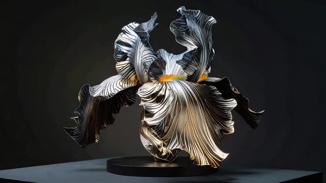 Intricate metal sculpture of an iris flower, with detailed linear patterns and subtle color accents