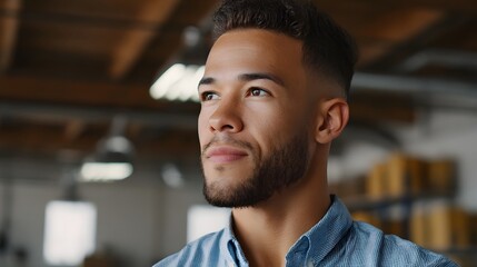Fototapeta premium Close up profile of a young man with a beard looking thoughtfully into the distance in a bright industrial loft