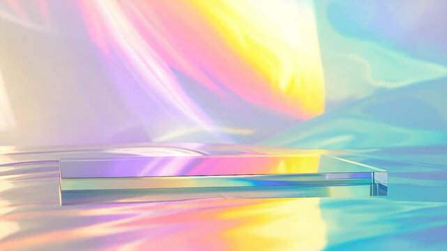 Iridescent glass platform amidst abstract holographic backdrop