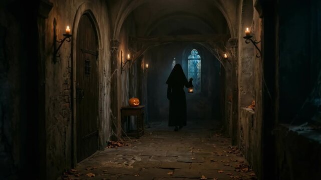 Mysterious nun with lantern walking through a haunted gothic monastery hallway with autumn leaves
