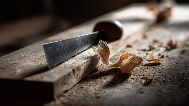 jointer. Close-up of a woodworking blade pressing against a wooden board, creating shavings. safety posters, maintenance manuals, designed for precision metalworking and fabrication facilities.