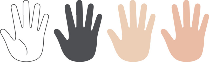 Obraz premium Set of four minimalist icons of human hands in different skin tones and styles including outline and solid for communication diversity and greeting concepts.