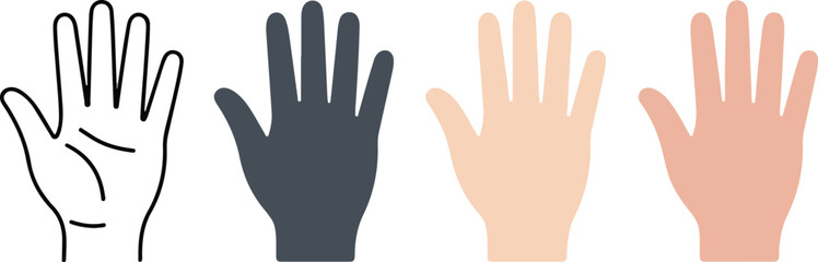 Obraz premium Set of four minimalist icons of human hands in different skin tones and styles including outline and solid for communication diversity and greeting concepts.