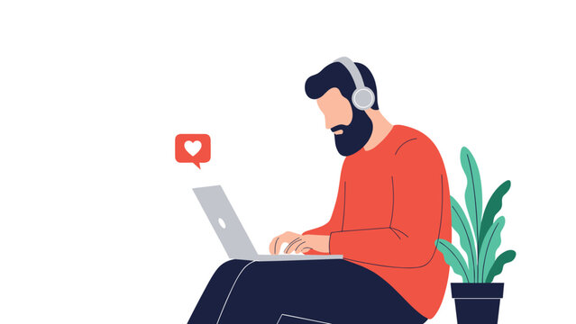 Bearded man with headphones sitting on the floor while focused on working or studying on his laptop with a notification icon above him.