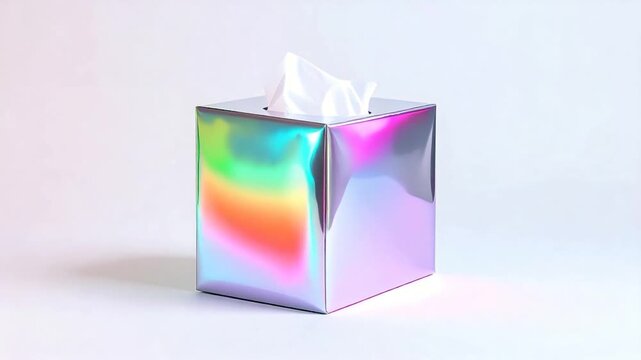 Iridescent tissue box with tissues peeking out, on a white background
