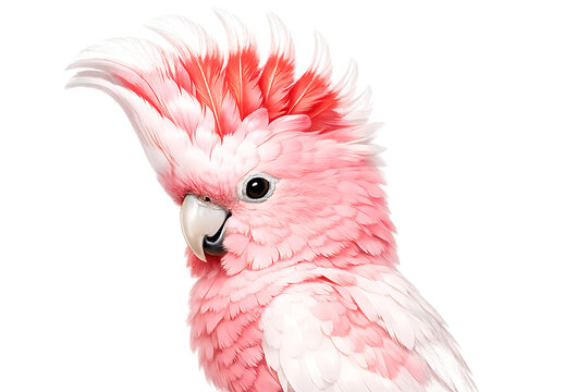 Beautiful pink cockatoo parrot portrait close up isolated on white background exotic bird pet