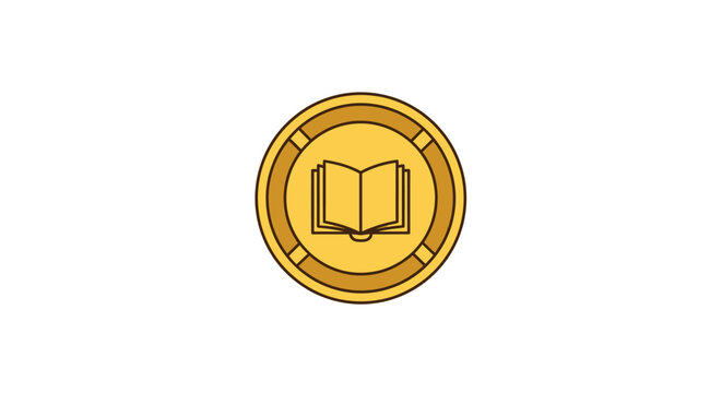 Illustrated gold coin with an open book, symbolizing knowledge and education, simple design