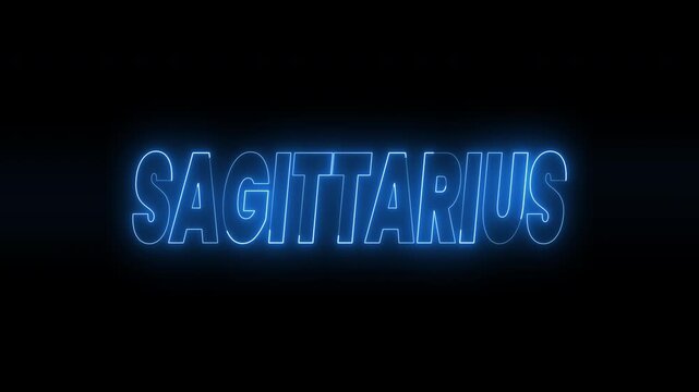 Sagittarius text animation in neon blue on black. 4k animated typography suitable for astrology opener videos, zodiac related content, horoscope and social media advertisements.
