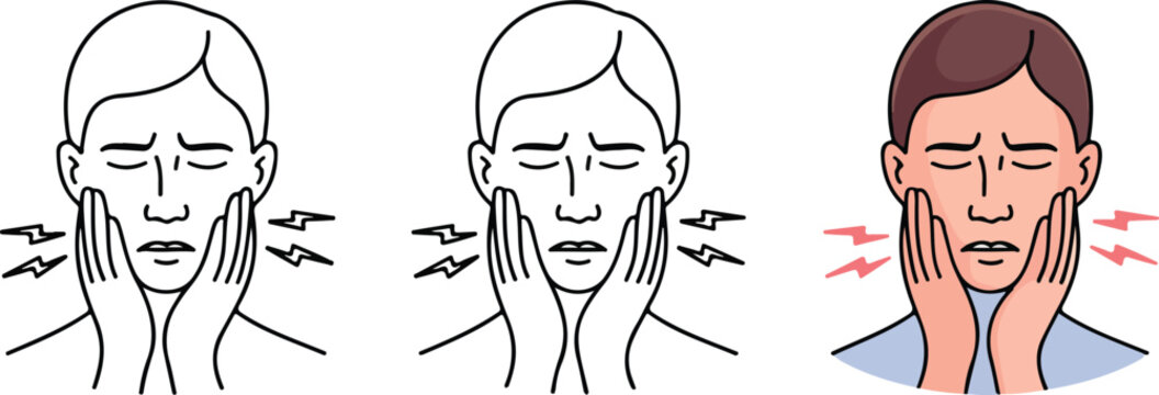 Set of three minimalist human face icons with pain symbols for dentistry toothache sensitivity and facial nerve health concepts isolated on white background.