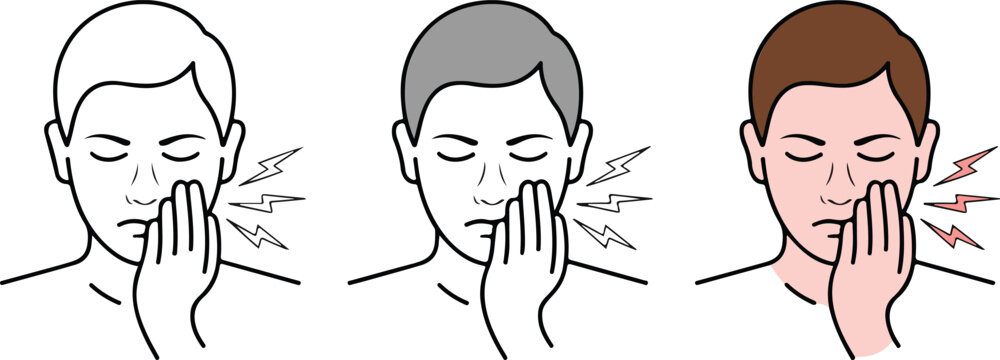 Set of three minimalist human face icons with pain symbols for dentistry toothache sensitivity and facial nerve health concepts isolated on white background.