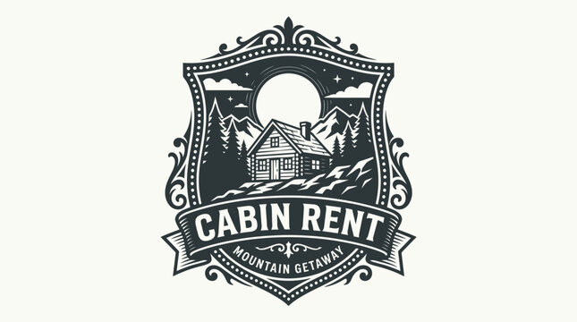Cabin Rent Mountain Getaway Logo Design with Nature Elements.