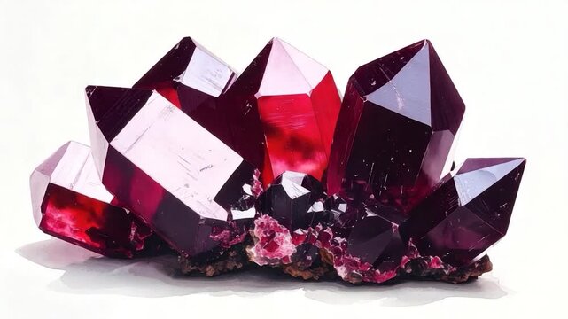 Cluster of shiny, deep red crystals on a rough base, against white