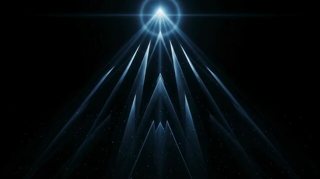 Abstract light beams emanate from a central source, forming a triangular shape against a dark backdrop, illustrating a continuous flow of light and shadow