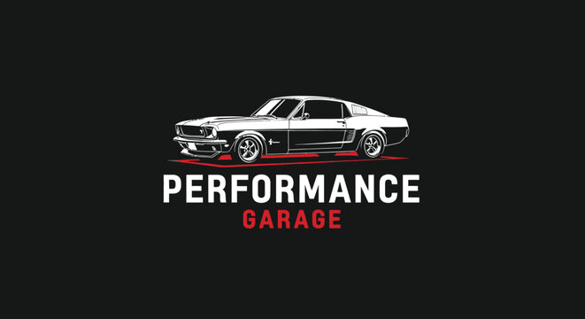 Classic muscle car logo for performance garage, automotive repair shop, and vehicle customization.