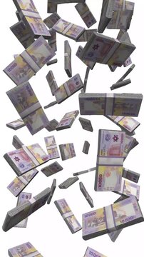 Vertical Cameroon Money, Falling Central African Franc Bills, Cash Stacks Isolated on White, 4K
