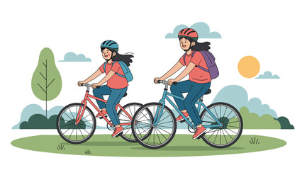 Fototapeta premium Two young girls wearing safety helmets and backpacks riding their bicycles through a scenic park on a sunny day, enjoying outdoor activity.