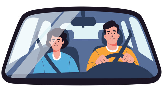 Young couple driving a car together seen through the front windshield, wearing seatbelts and focusing on the road during a safe car trip.