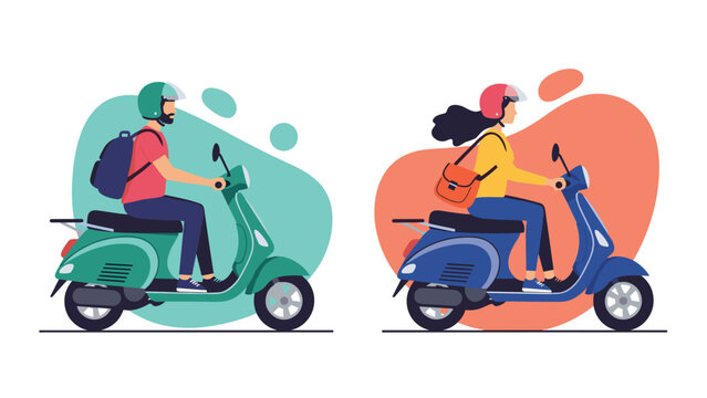 Man and woman wearing safety helmets and riding modern electric scooters in different colors through the city as a sustainable transport option.