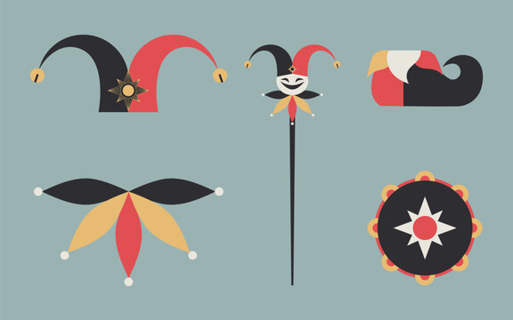 Jester staff elements in flat design. Jesters hat, collar, wand, shoe and tambourine. Vector illustration