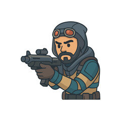 Naklejka premium Tactical soldier aiming rifle. Military fighter with gun ready. Commando sniper in combat position.