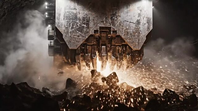 Ultra Slow Motion of Massive Tunnel Boring Machine Cutter Head Operating Deep Underground for Infrastructure Concept