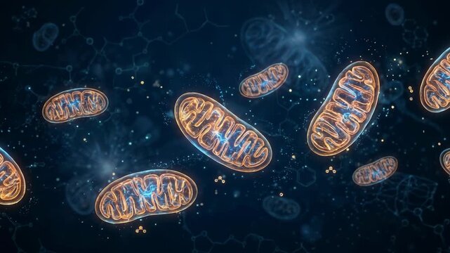 3D illustration of mitochondria organelles floating in a dark blue cell with glowing orange membranes and molecular structures