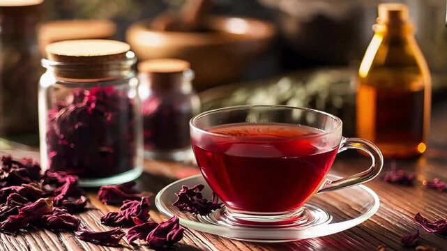 Hibiscus tea being poured into a glass cup with dried hibiscus flowers on a wooden table