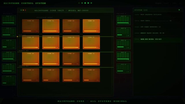 Mainframe Control System Interface with CPU Cores Memory Banks and Hardware Specifications.