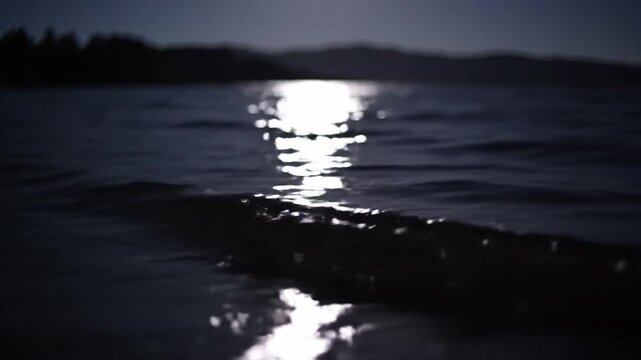 Moonlight water night reflection wave dark tranquil serene landscape outdoor scene with calm lake, gentle waves, peaceful nature, and shimmering moonlit sky evoking relaxation and quiet wilderness