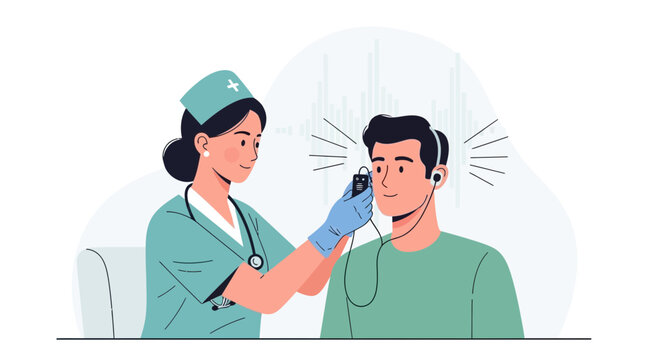 Audiologist performing hearing test on patient with audiometer, ear examination, medical check-up