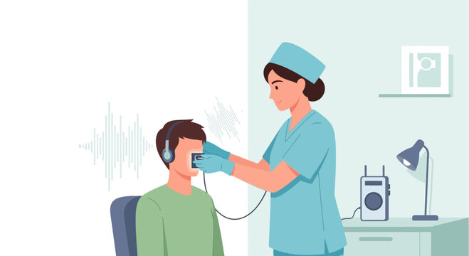 Audiologist performs hearing test on patient with headphones and audiometer in clinic