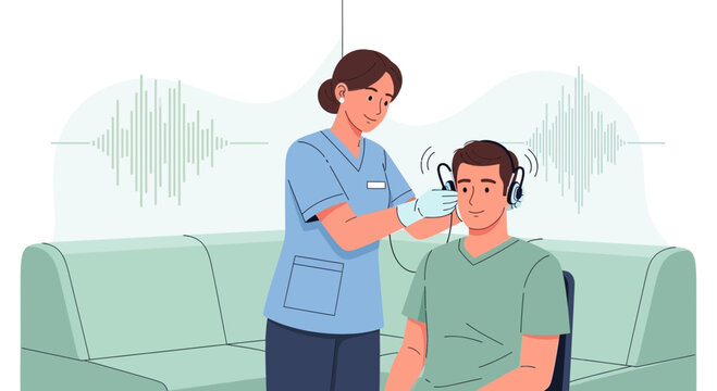 Audiologist performing hearing test on patient with headphones and sound waves background
