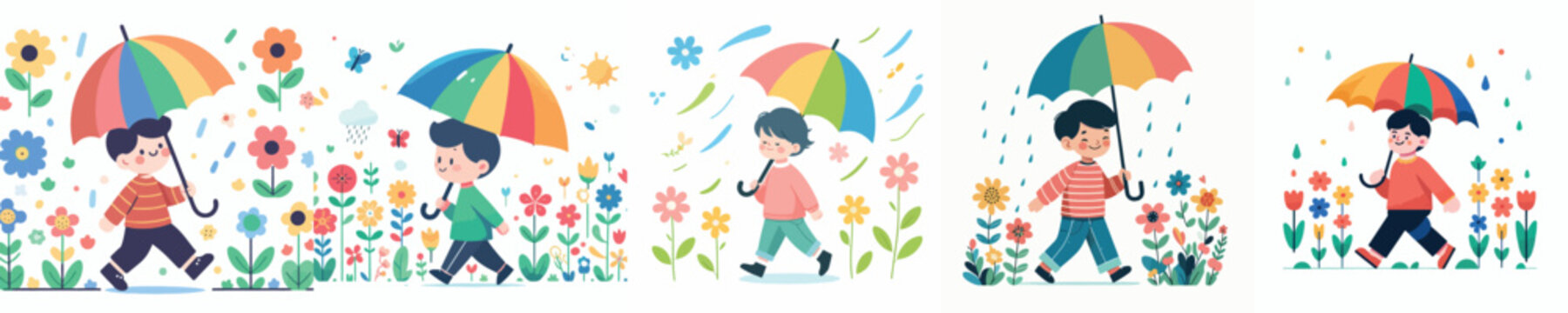 vector of little boy walking with umbrella in spring