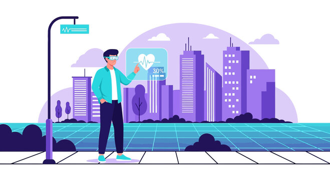 Man in VR headset interacting with futuristic smart city health interface