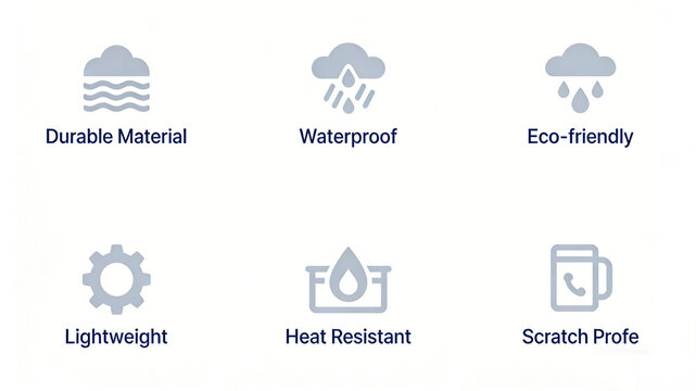 Durable, waterproof, environmentally friendly, lightweight, heat-resistant, and scratch resistant material performance icons represent practical and durable household items
