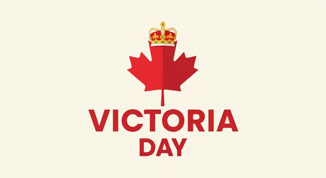 Victoria day canada celebration with red maple leaf and crown logo on beige background