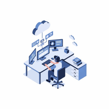 Isometric illustration of a person working on multiple computers in a cloud-connected office environment.