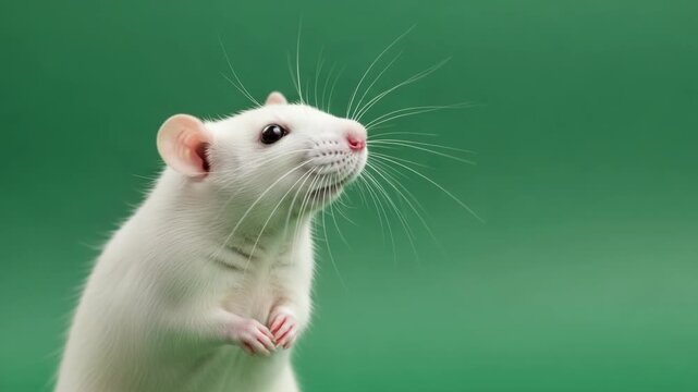 White fancy rat with long whiskers sniffing the air against a bright green chromakey background