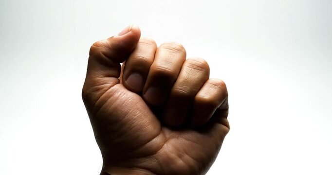A powerful close-up shot features a human hand clenched tightly into a firm fist against a clean white background. The intense lighting emphasizes the detailed skin texture and prominent knuckles, con