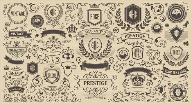 Vintage ornamental emblems and banners with crowns and laurel wreaths