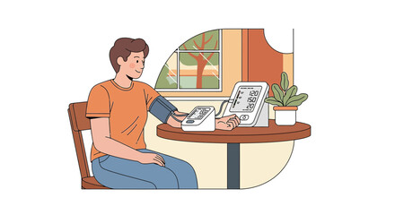 Obraz premium Man monitors blood pressure at home, healthy lifestyle, medical checkup
