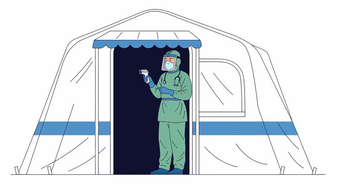 Medical worker in protective gear with thermometer at entrance of medical tent
