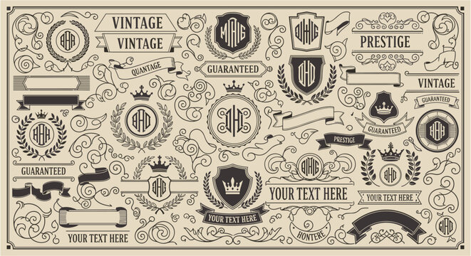 Collection of vintage ornate badges, crests, and banners with decorative elements