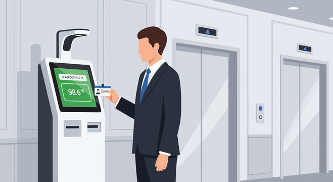 Man uses thermal scanner and ID card at office entrance with elevators