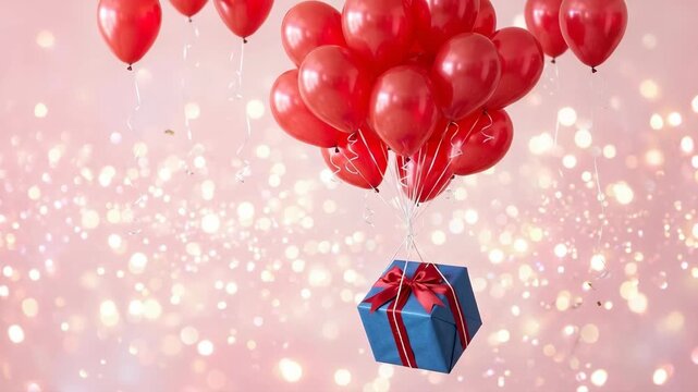 Blue gift box with red ribbon flying on bunch of red balloons over pink bokeh background