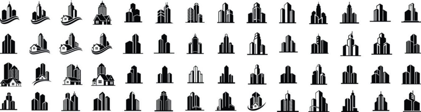 Real Estate Building Icon Set, City Skyline and Property Logo Collection, Modern Architecture Silhouette Vector Pack