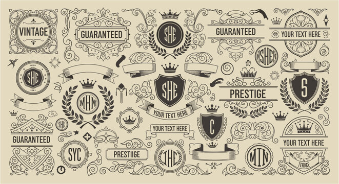 Vintage decorative elements set with badges frames ribbons crowns shields and labels with typography numbers and letters. Vector engraving style illustration isolated on beige background. Retro 