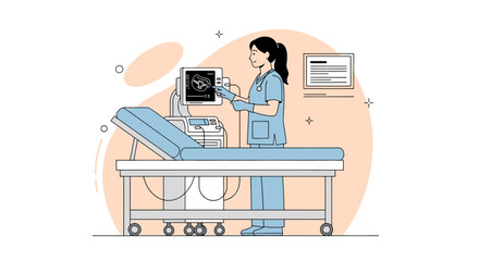 Fototapeta premium Medical professional operating ultrasound machine, showing baby image on screen in clinic