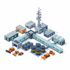 Obraz premium Isometric view of a futuristic industrial complex with various buildings and vehicles.